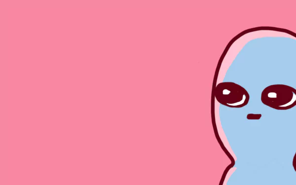 Minimalist HD desktop wallpaper featuring a funny, blue alien character from Strange Planet on a solid pink background, styled as a humorous meme.
