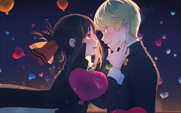 HD desktop wallpaper featuring Miyuki Shirogane and Kaguya Shinomiya from the anime Kaguya-sama: Love is War, set against a romantic background with heart-shaped lanterns floating in the night sky.
