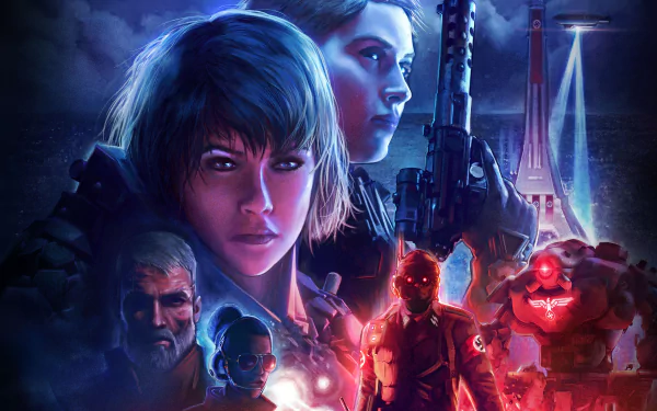 8K Ultra HD wallpaper featuring characters from the video game Wolfenstein: Youngblood, showcasing intense expressions, futuristic weapons, and a dramatic night cityscape background.