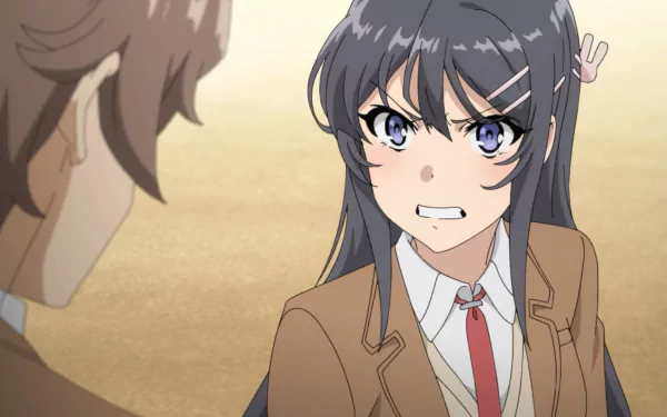 HD anime desktop wallpaper featuring Mai Sakurajima with grey hair and blue eyes in a school uniform, facing Sakuta Azusagawa with brown hair from Rascal Does Not Dream of Bunny Girl Senpai.