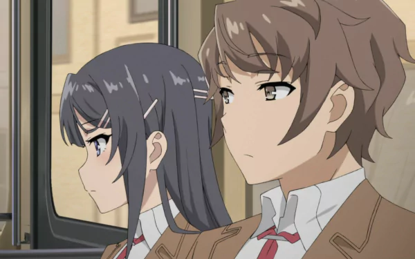 Anime scene from Rascal Does Not Dream of Bunny Girl Senpai featuring Mai Sakurajima with grey hair and blue eyes, and Sakuta Azusagawa with brown hair and brown eyes.