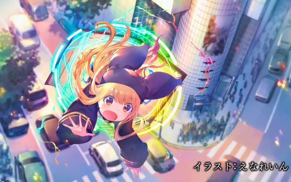 HD anime desktop wallpaper featuring Lou from Manaria Friends, soaring above a bustling city street with vibrant magical circles and dynamic lighting effects.