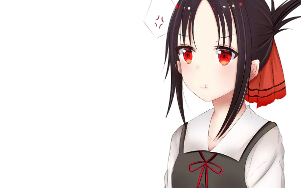 Kaguya Shinomiya from Kaguya-sama: Love is War in a 4K Ultra HD anime-style desktop wallpaper, featuring her with red eyes and a calm, pensive expression against a white background.