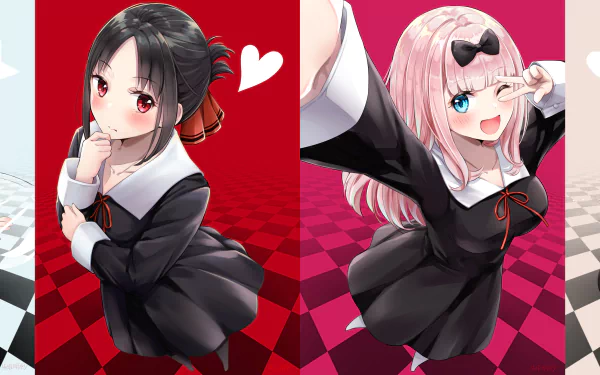 HD desktop wallpaper featuring characters Miko Iino, Ai Hayasaka, Chika Fujiwara, and Kaguya Shinomiya from the anime Kaguya-sama: Love is War, with vibrant backgrounds and stylish poses.
