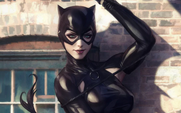 4K Ultra HD PC wallpaper of DC Comics' Catwoman with striking green eyes in her iconic black costume against a sunlit brick wall background.