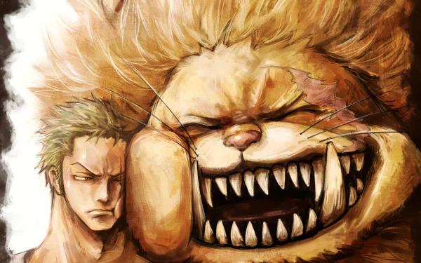 HD anime desktop wallpaper featuring Roronoa Zoro and Nekomamushi from One Piece, showcasing intense expressions and detailed character art.