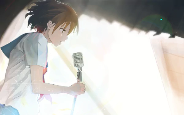 Anime-style character with short brown hair and brown eyes holding a microphone, set against a bright, softly lit background in 4K Ultra HD quality.
