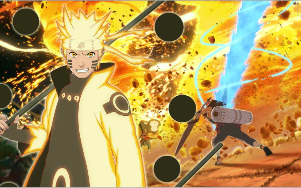 HD PC desktop wallpaper and background: anime Naruto Uzumaki in Kurama cloak forming a blue Rasengan amid a fiery, explosive battlefield — dynamic Naruto action.
