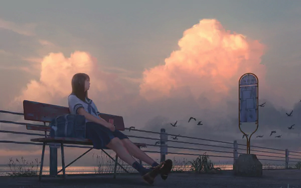 An original anime HD wallpaper featuring a schoolgirl sitting on a bench, gazing at a picturesque sky filled with cotton-like clouds and birds in flight, creating a serene and contemplative mood.
