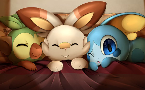 Pokemon cute Grookey (Pokémon) Scorbunny (Pokémon) Sobble (Pokémon) video game Pokémon: Sword and Shield HD Desktop Wallpaper | Background Image