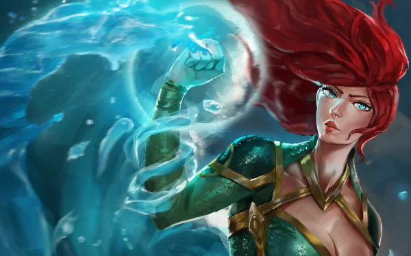 Mera (DC Comics) with flowing red hair and aqua eyes, in green-gold armor, summoning water — comic-style 2K Quad HD PC desktop wallpaper.