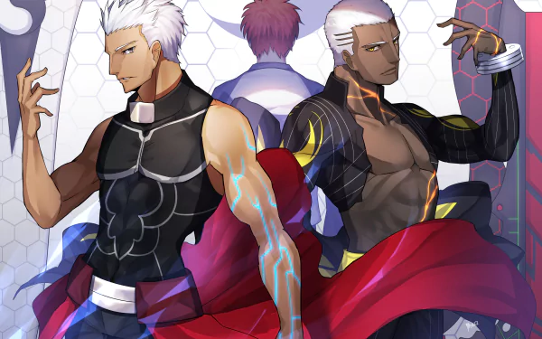 4K Ultra HD Anime wallpaper featuring Shirou Emiya, Emiya Alter, and Archer from Fate/Grand Order in dynamic poses with vibrant colors and futuristic background.