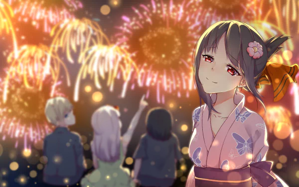 HD desktop wallpaper featuring Chika Fujiwara, Miyuki Shirogane, and Kaguya Shinomiya from the anime Kaguya-sama: Love is War, with a vibrant fireworks display in the background.