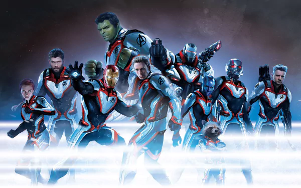 A dynamic HD wallpaper featuring Marvel's Avengers from Endgame, including Ant-Man, Rocket Raccoon, Nebula, Captain America, Hawkeye, Thor, War Machine, Black Widow, Hulk, and Iron Man.