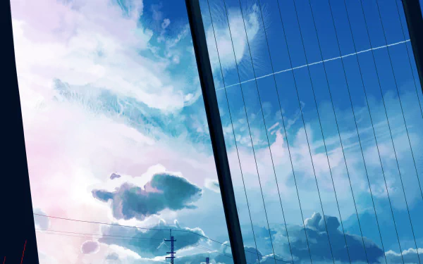 2K Quad HD PC desktop wallpaper: anime sky scene with blue and pastel clouds framed by window panes and faint power lines.