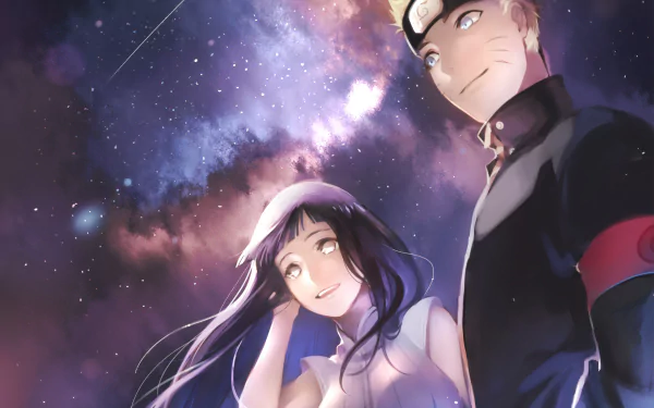 4K Ultra HD anime wallpaper featuring Naruto Uzumaki and Hinata Hyuga under a vibrant starry sky from the Naruto series.