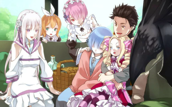 HD desktop wallpaper of Re:Zero characters—Emilia, Subaru Natsuki, Rem, Ram, Beatrice and Patrasche sharing a cozy picnic on a sofa in bright anime style.