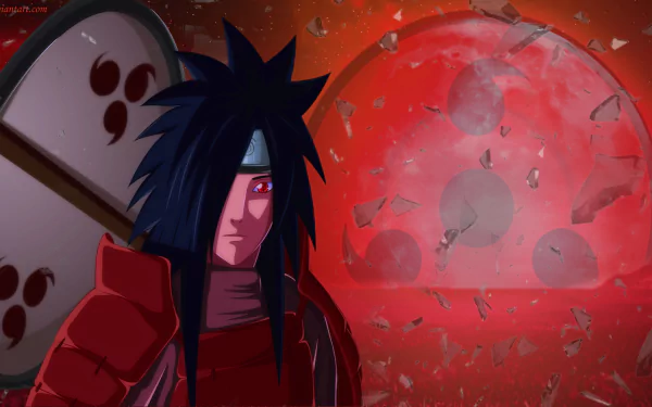 Madara Uchiha with glowing Sharingan, clad in red armor, Uchiha clan symbols and a shattered crimson moon backdrop — anime Naruto 4K Ultra HD PC desktop wallpaper.
