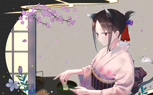 HD desktop wallpaper and background featuring Kaguya Shinomiya from the anime Kaguya-sama: Love is War, elegantly dressed in traditional attire with cherry blossoms in the background.