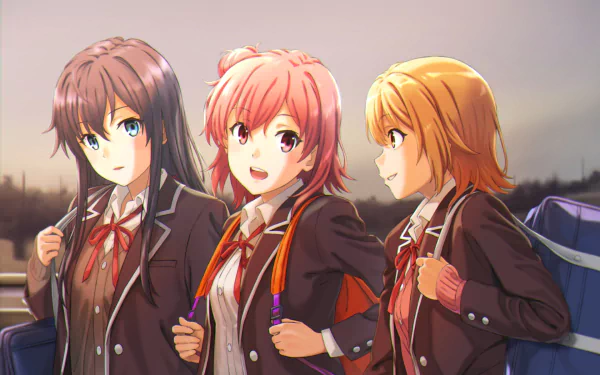 HD desktop wallpaper featuring Yukino Yukinoshita, Yui Yuigahama, and Iroha Isshiki from the anime My Teen Romantic Comedy SNAFU.