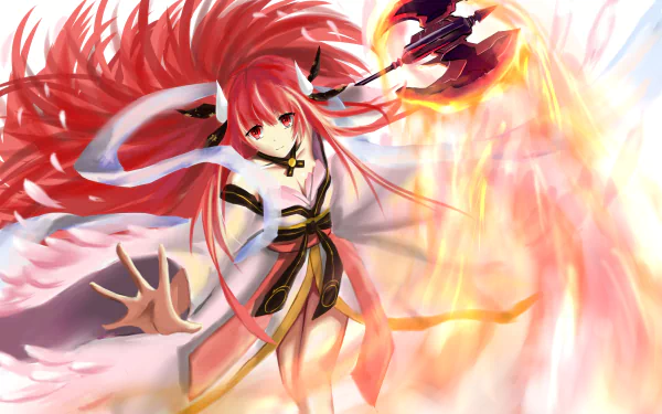 Kotori Itsuka from Date A Live in dynamic action pose, fiery red hair flowing, depicted in vibrant 4K Ultra HD anime wallpaper style.