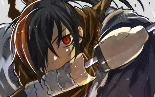 Close-up of Hyakkimaru from Dororo in dynamic anime style, featured in a 4K Ultra HD PC desktop wallpaper with intense red eyes and detailed shading.