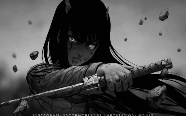 HD desktop wallpaper featuring Satsuki Kiryūin from Kill La Kill, depicted in a dynamic pose with a katana, set against a monochrome shattered background.
