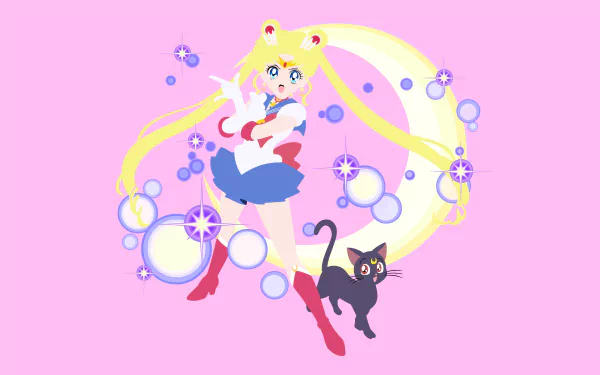 Sailor Moon poses in sailor outfit with flowing blonde odango hair and bubbles, Luna the black cat at her feet on a pink backdrop — 4K Ultra HD anime PC desktop wallpaper/background.