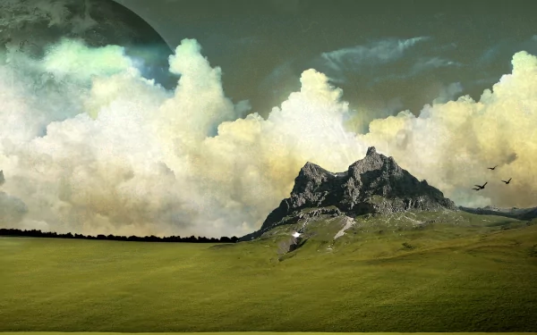 HD desktop wallpaper featuring a dreamy landscape with a vast green field, rugged mountain, large moon, and dramatic cloudy sky, blending nature and fantasy.