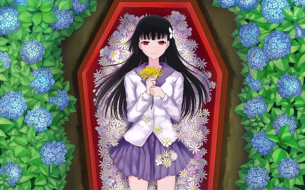 HD anime wallpaper featuring Rea Sanka from Sankarea lying in a coffin surrounded by flowers and vibrant green foliage.