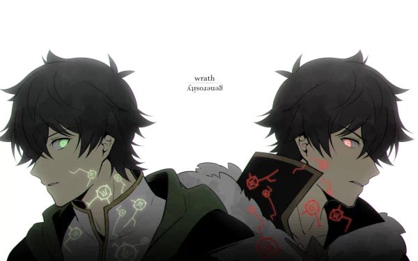 HD desktop wallpaper of Naofumi Iwatani from the anime The Rising of the Shield Hero, featuring two contrasting portraits of the character with mystical, glowing symbols on his neck.