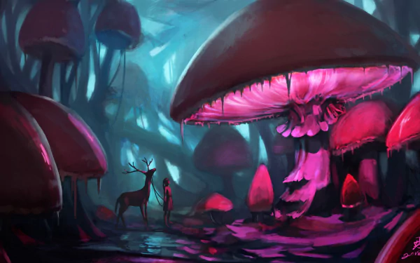 Anime-style original HD desktop wallpaper depicting a mystical forest with glowing giant mushrooms and a deer standing near a small figure in a surreal, vibrant landscape.
