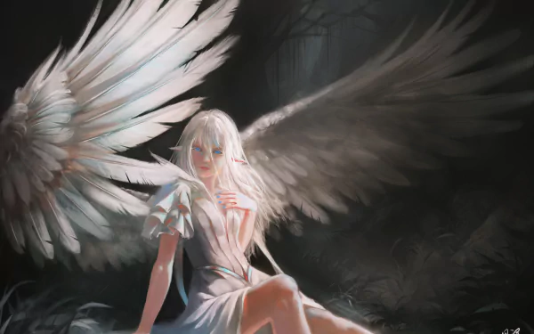 Fantasy-themed 4K Ultra HD desktop wallpaper depicting a white-haired angel with large, detailed wings seated in a dark, mystical forest setting.