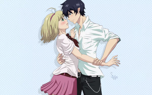 HD anime desktop wallpaper of Blue Exorcist's Rin Okumura and Shiemi Moriyama: black-haired Rin with blue eyes and pointed ears embraces blushing blonde Shiemi, green eyes, wearing a skirt.