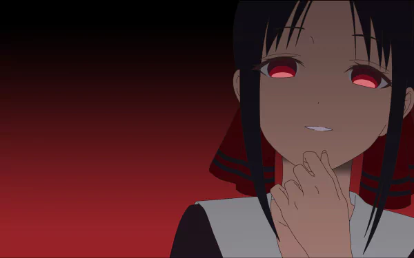 HD desktop wallpaper featuring Kaguya Shinomiya from the anime Kaguya-sama: Love is War, showcasing her with a confident expression against a dark red gradient background.