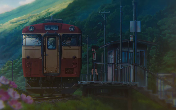 8K Ultra HD anime wallpaper from Your Name. shows a train at a rural station surrounded by lush greenery and a serene, atmospheric sky.