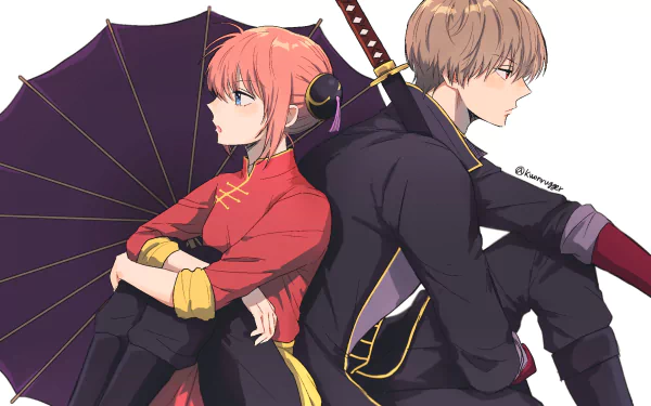 HD PC desktop wallpaper/background of Gintama anime characters Okita Sougo and Kagura seated back-to-back, Kagura holding a purple umbrella against a clean white backdrop.