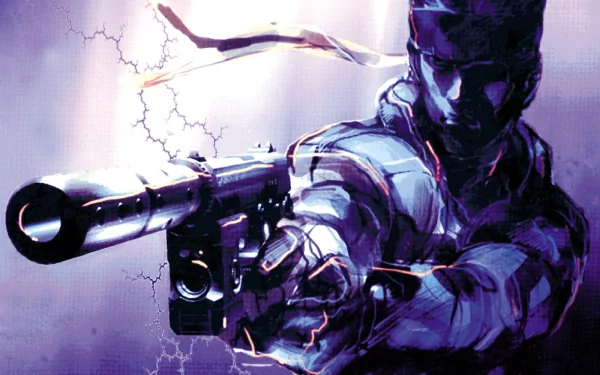 HD desktop wallpaper featuring artwork from the video game Metal Gear, depicting a character in tactical gear aiming a gun with a determined expression against a dynamic, electric background.