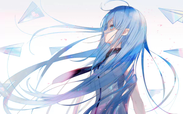 Anime HD wallpaper featuring an original character with long blue hair, blue eyes, and a tie. The background includes floating paper planes.