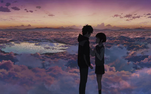 An 8K Ultra HD anime wallpaper featuring Mitsuha Miyamizu and Taki Tachibana from Your Name, standing together above a sea of clouds at twilight.