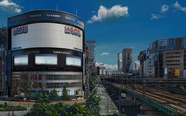 A vibrant cityscape inspired by anime Your Name, featuring detailed buildings and a train track under a blue sky, presented in stunning 8K Ultra HD resolution.