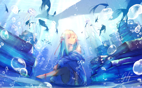HD wallpaper of an anime girl with blonde hair underwater, surrounded by books, fish, jellyfish, and bubbles. Luminous light filters through the water, creating a serene and dreamy atmosphere.