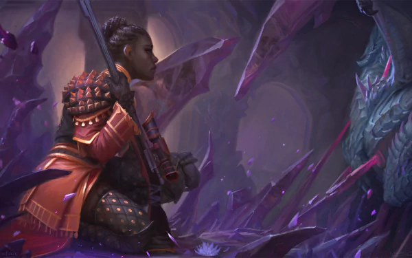 A fierce woman warrior hunter with a rifle crouches in a mystical, crystalline cavern facing a large, menacing creature in this HD fantasy desktop wallpaper.