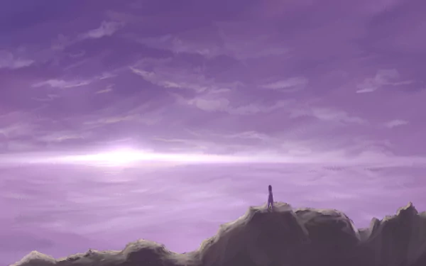 Anime-style 4K Ultra HD desktop wallpaper featuring a serene purple sky with clouds above a silhouetted rocky landscape.