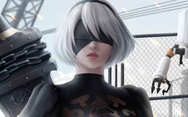 4K Ultra HD desktop wallpaper featuring YoRHa No.2 Type B (2B) from the video game NieR: Automata, showcasing her iconic blindfold and futuristic design.