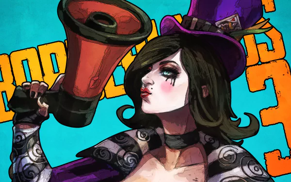 HD PC wallpaper of Mad Moxxi from Borderlands 3: stylized portrait in a purple top hat holding a megaphone, heavy makeup and ornate sleeve tattoos on a cyan-orange backdrop.