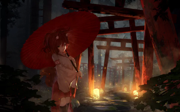 Anime character with red hair, yellow eyes, animal ears, and a miko outfit holds a parasol at night in a dimly lit forest. The background features tall trees and illuminated torii gates.