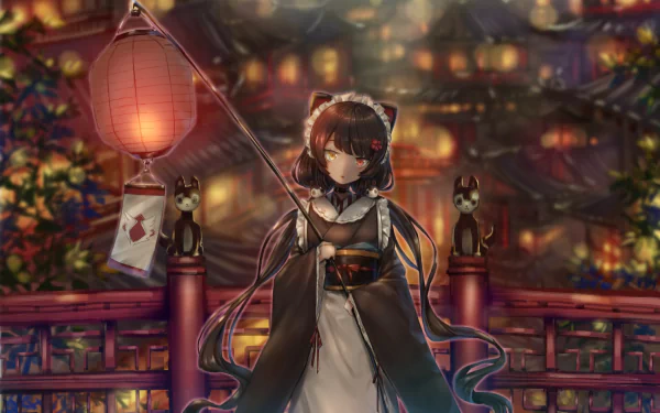 HD anime wallpaper of Nijisanji Virtual YouTuber Inui Toko with heterochromia, holding a lantern against a vibrant night festival backdrop.