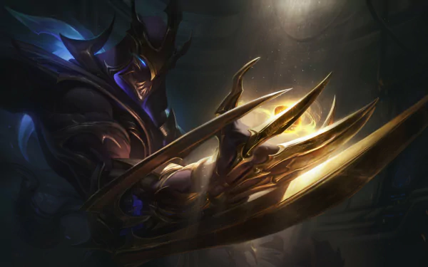 HD PC desktop wallpaper featuring Zed, a character from the video game League of Legends, poised in a dark, dramatic scene with glowing blades.