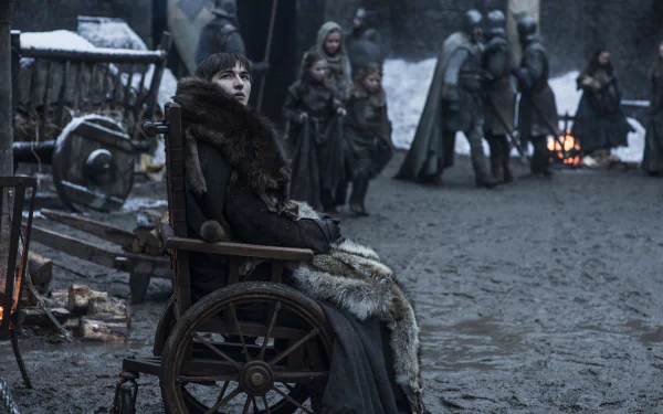 Isaac Hempstead-Wright as Bran Stark in a snowy, medieval setting from the TV show Game of Thrones, featured in a 4K Ultra HD PC desktop wallpaper.